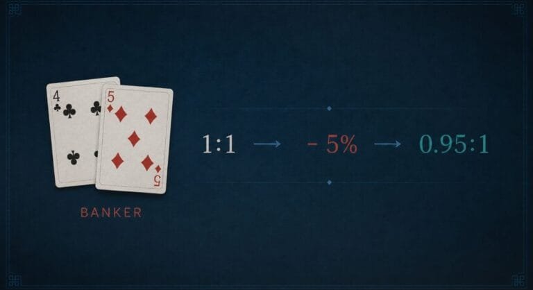 바카라 커미션 5% 적용으로 뱅커 배당이 1:1에서 0.95:1로 정산되는 구조