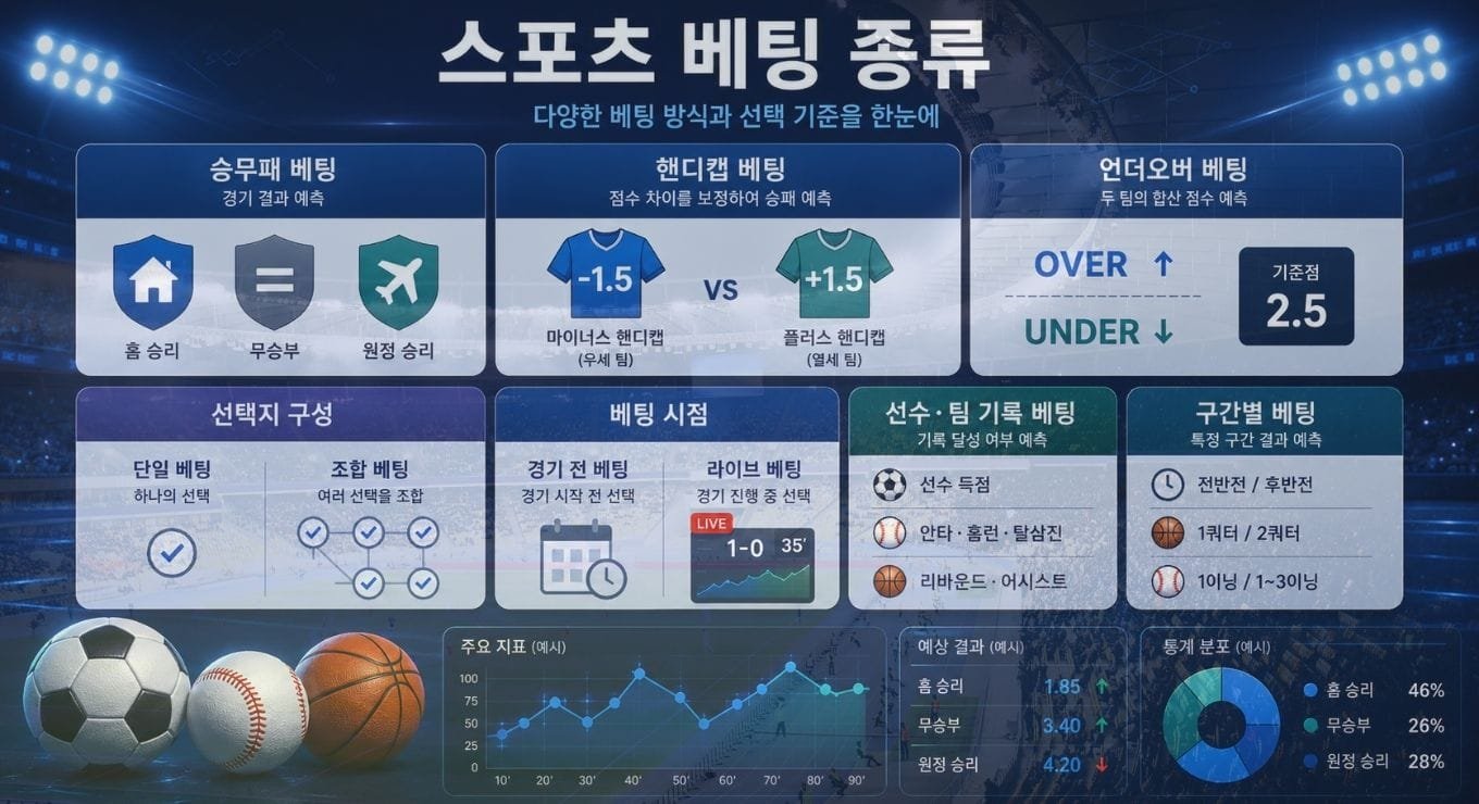 승무패·핸디캡·언더오버·단일·조합·라이브 베팅을 분류한 스포츠 베팅 종류 이미지