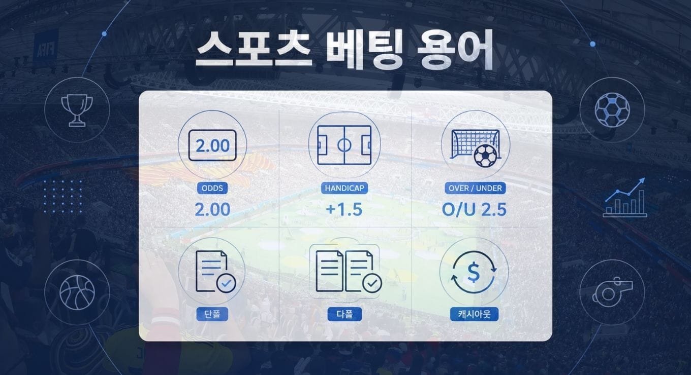 배당률, 핸디캡, 오버언더, 단폴, 다폴, 캐시아웃을 표현한 스포츠 베팅 용어 이미지